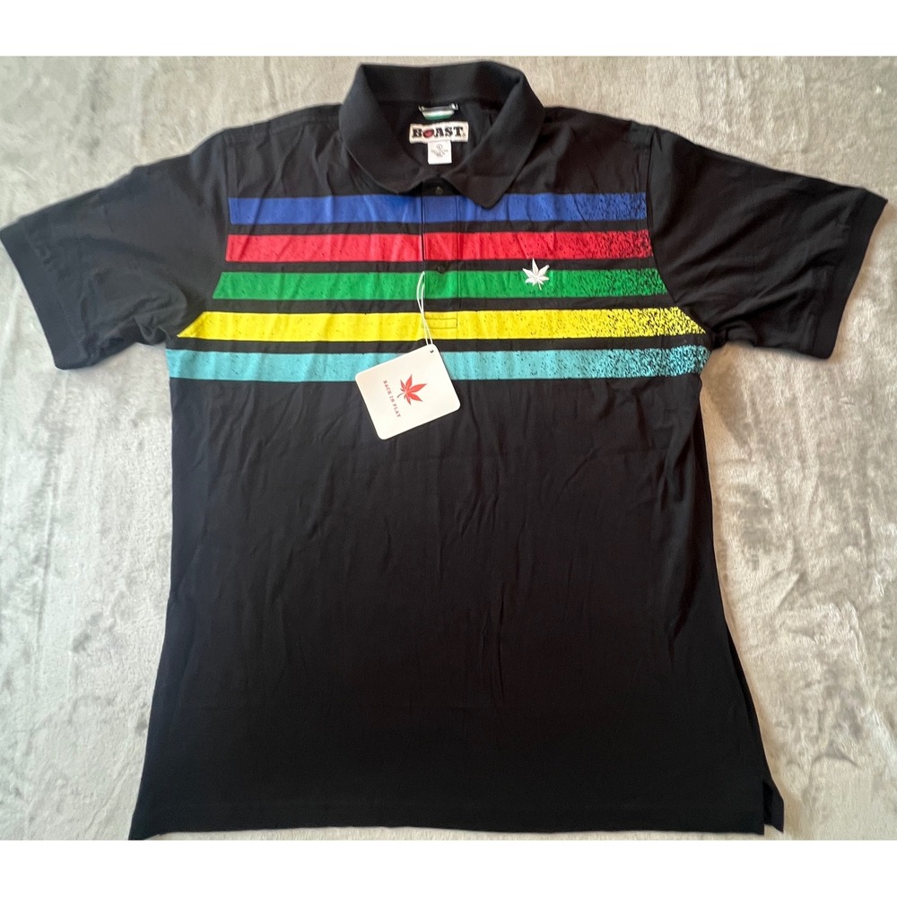 Boast Polo Shirt Mens Large Black Rainbow Stripe Short Sleeve Cotton Logo